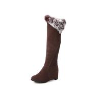 LeaHy Women's Warmth Fur Lined Snow Boots Suede Wedge High Heel Stretch Mid-Calf Boots Anti-Slip and Abrasion-Resistant,Brown,4 UK