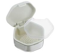 Leak Proof Dual Layer Dentures Storage Box for Travel Cleaning | ABS PC Silicone Build, Separate Compartments and Lift-out Strainer, Light Green Finish
