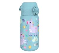 ION8 Kids Water Bottle, Lightweight Steel, 400 ml/13 oz, Leak Proof, Non-Insulated, Easy to Open, Secure Lock, Dishwasher Safe, Flip Cover, Carry Handle, Easy Clean, Metal Water Bottle, Blue, Unicorns
