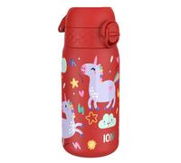 Ion8 Kids Water Bottle, Lightweight Steel, 400 ml/13 oz, Leak Proof, Non-Insulated, Easy to Open, Secure Lock, Dishwasher Safe, Flip Cover, Carry Handle, Easy Clean, Metal Water Bottle, Red, Unicorns