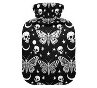 Leak Proof Screw Hot Water Bottle with Detachable Protective Outer | 6 Hours Heat Retention Performance Pain Relief Hot Bag Winter Body Warming Gothic Skull Night Butterfly