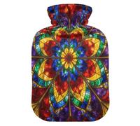 Leak Proof Screw Hot Water Bottle with Detachable Protective Outer | 95 Polyester 5 Spandex Velvet Cover Hand Warmer Bag Holiday Gift Giving Beautiful Stained Glass