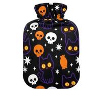 Leak Proof Screw Hot Water Bottle with Detachable Protective Outer | Heat Insulation Protective Sleeve Hot Water Bottle Holiday Gift Giving Spooky Black Cat Skull