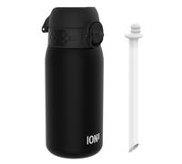 ION8 Kids Water Bottle 350ml/12oz Leak Proof & BPA Free Drinking Bottle with Straw, Triple Lock Lid to Prevent Spills & Integrated Handle,Ideal for Little Hands & Lunch Boxes,Recyclon Black with Straw