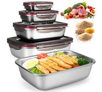 Leak-proof Stainless Steel Food Storage Containers with Lids Set of 4, Metal Lunch Box Bento Container for Adults, Stackable Meal Prep Containers for Freezer Oven Dishwasher, 220/600/1500/2900ML