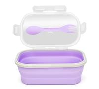 Leakproof Collapsible Silicone Lunch Box with Lid and Spork, Foldable Bento Box for Meal Prep, Travel, Camping, Microwave and Dishwasher Safe, 20.5 x 13 x 7 cm, Compact for Easy Storage - Purple