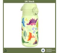 Ion8 Kids Water Bottle, Steel 400 ml/13 oz, Leak Proof, Easy to Open, Secure Lock, Dishwasher Safe, Flip Cover, Carry Handle, Easy Clean, Durable, Metal Water Bottle, Raised Print, Dinosaurs