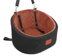 Lealchum Dog Car Seat for Small Dogs,Comfy Pet Travel Car Bed with 2 Clip-On Leashes,Fully Removable & Washable,Non-Slip Base with Seatbelt Channle, Easy to Install (Black/Brown, Small)