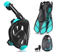 Lealinga Snorkel Set Adults Full Face Snorkel Mask with Flippers, Snorkeling Mask & Swim Fins, Panoramic View Snorkel Mask Fins Anti-Fog Anti-Leak Foldable Design with Carrying Bag