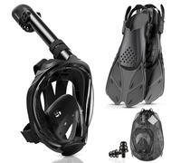 Lealinga Snorkel Set Adults Full Face Snorkel Mask with Flippers, Snorkeling Mask & Swim Fins, Panoramic View Snorkel Mask Fins Anti-Fog Anti-Leak Foldable Design with Carrying Bag
