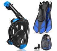 Lealinga Snorkel Set Adults Full Face Snorkel Mask with Flippers, Snorkeling Mask & Swim Fins, Panoramic View Snorkel Mask Fins Anti-Fog Anti-Leak Foldable Design with Carrying Bag