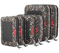 LeanTravel Compression Packing Cubes for Travel Organizers with Double Zipper (6-Pack (2L+2M+2S), Flowers & Leaves)