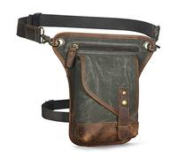 Le'aokuu Men‘s Canvas And Genuine Leather Waterproof Motorcycle Tactic Belt Waist Pack Drop Leg Thigh Cross Over Bag 211-6 (Green)