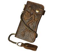 Le'aokuu Mens Genuine Leather Bifold Wallet Organizer Checkbook Iron Chain 1088 A Dragon Light Brown