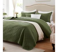 LEAONME Full/Queen Quilt Set 3 Pieces, Lightweight Olive Green Bedspread-90''x98'', Soft Microfiber Summer Quilt/Coverlet, Luxurious Warm Bedding Sets for All Seasons (Includes 1 Quilt, 2 Shams)