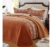 LEAONME Quilt Set Full/Queen Size 3 Piece Bedspread Coverlet Lightweight Comforter Microfiber Bedding Set All Season Oversized 90x98 Inch Bed Cover Bohemian Burnt Orange/Rust(1 Quilt,2 Pillow Shams)