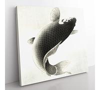 Leaping Carp Fish by Ohara Koson Asian Japanese Canvas Wall Art Print Ready to Hang, Framed Picture for Living Room Bedroom Home Office Décor, 35x35 cm (14x14 Inch)