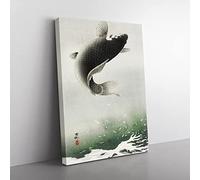 Leaping Carp Fish By Ohara Koson Asian Japanese Canvas Wall Art Print Ready to Hang, Framed Picture for Living Room Bedroom Home Office Décor, 50x35 cm (20x14 Inch)