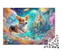 Leaping Corgi near Glowing Castle, Cosmic Sky 1000-Piece Jigsaw Puzzle Cute Dog Classic Educational Game for Family Puzzle Time 38x26cm/1000pcs