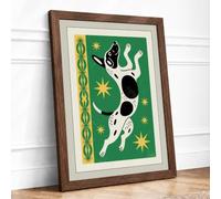 Leaping Cow in Green Geometric Framed Wall Art Print A2 (59.4×42cm) Walnut, Wall Decor for Living Room, Bedroom, Office & Home, Ready to Hang, Art Gift