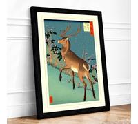 Leaping Deer Japandi Framed Wall Art Print A2 (59.4×42cm) Black, Wall Decor for Living Room, Bedroom, Office & Home, Ready to Hang, Art Gift
