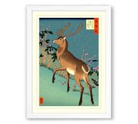 Leaping Deer Japandi Framed Wall Art Print A4 (29.7×21cm) White, Wall Decor for Living Room, Bedroom, Office & Home, Ready to Hang, Art Gift