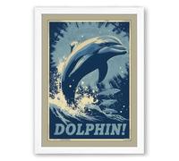 Leaping Dolphin Vintage Framed Wall Art Print A2 (59.4×42cm) White, Wall Decor for Living Room, Bedroom, Office & Home, Ready to Hang, Art Gift