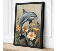Leaping Dolphin with Poppies Canvas Wall Art Print 30x20 Inch | Ready to Hang, Gallery Wrapped, Fade-Resistant Inks, Securely Packaged, UK Made