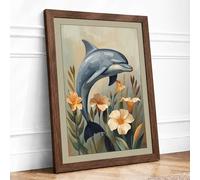 Leaping Dolphin with Poppies Coastal Framed Wall Art Print A1 (84.1×59.4cm) Walnut, Wall Decor for Living Room, Bedroom, Office & Home, Ready to Hang, Art Gift