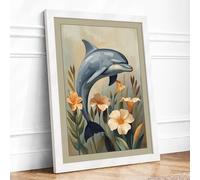 Leaping Dolphin with Poppies Coastal Framed Wall Art Print A2 (59.4×42cm) White, Wall Decor for Living Room, Bedroom, Office & Home, Ready to Hang, Art Gift