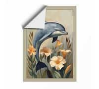 Leaping Dolphin with Poppies Coastal Unframed Wall Art Print A2 (59.4×42cm), Wall Decor for Living Room, Bedroom, Office & Home, Art Gift