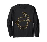 Leaping Hare Over Crescent Minimal Night Line Art Design Long Sleeve T-Shirt