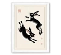Leaping Rabbits in Red Seal Japandi Framed Wall Art Print A2 (59.4×42cm) White, Wall Decor for Living Room, Bedroom, Office & Home, Ready to Hang, Art Gift