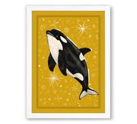 Leaping Whale in Gold Modern Framed Wall Art Print A1 (84.1×59.4cm) White, Wall Decor for Living Room, Bedroom, Office & Home, Ready to Hang, Art Gift