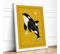 Leaping Whale in Gold Modern Framed Wall Art Print A2 (59.4×42cm) White, Wall Decor for Living Room, Bedroom, Office & Home, Ready to Hang, Art Gift