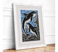 Leaping Whales Coastal Framed Wall Art Print A2 (59.4×42cm) White, Wall Decor for Living Room, Bedroom, Office & Home, Ready to Hang, Art Gift