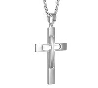 LeapoFaith Cross Pendant for Car Rear View Mirror Decor Hanging Ornament Stainless Steel Hollow Cross Necklace Amulet Jewelry Men Christian Gift (Silver)