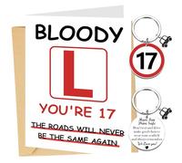 Learner Driver Gifts 17th Birthday - 3 Pcs 17th Card and Keyring Gift Set Funny Learner Driver Design with L Plate, Red Road Sign and Driving Safety Message, Novelty Present for Teen Boys and Girls