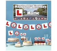 Learner Driver Party Decoration Set Pack,17th Birthday, Celebrations, 2 Personalised Banners, 2 x 2.5m Bunting, 14 Food Picks