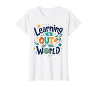 Learning is Out of This World Solar System Science Teacher Value Graphic T-Shirt, Women, White, M