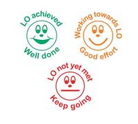 Learning Objective (LO) Teacher Stamps, 3 Stamp Set. (LO achieved - Well done, Working towards LO - Good effort, LO not yet met - Keep going)