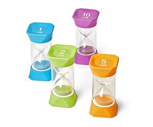 Learning Resources Jumbo Sand Timer Bundle - 1, 2, 5 & 10 Minute Hourglass Timers with Soft Rubber End Cap for Kids and Classroom Games (Set of 4)