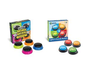 Learning Resources Recordable Answer Buzzers, Personalized Sound Buzzers, Talking Button, Set of 4, Ages 3+ & LER3776 Learning Resources Lights and Sounds Buzzers (Set of 4), Multicoloured