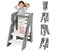 Learning Tower Foldable for Toddler,Kitchen Step Stool for Kids,Adjustable Height,Safety Bar,Learning Standing Tower,Bathroom Helper Montessori,Easy to Install,Grey