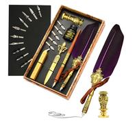 LearnLyrics Feather Calligraphy Pen Ink Set, Vintage Calligraphy Dip Pen Kit - Quill Pen Set Includes Dip, Ink, Replacement Tips, Wax Seal Pens