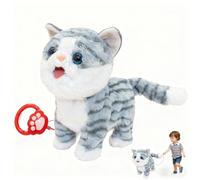 Leash Walking Cat Set Interactive Talking Cat Singing Dancing Kitten Mimicking Repeat What You Say Touch and Voice Control Nodding Wagging Tail Plush Electric Kitty for Kid(yel striped blue and white