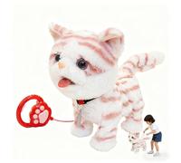 Leash Walking Cat Set Interactive Talking Cat Singing Dancing Kitten Mimicking Repeat What You Say Touch and Voice Control Nodding Wagging Tail Plush Electric Kitty for Kid(yell stripes red and white