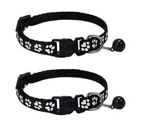 leasote 2Pcs Pet Collar - Adjustable Buckle Design Paw Pattern Cat Collar with Mini Bell for Female Girl Cats Male Boy Cats Puppy Black