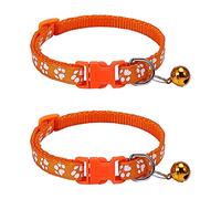 leasote 2Pcs Pet Collar - Adjustable Buckle Design Paw Pattern Cat Collar with Mini Bell for Female Girl Cats Male Boy Cats Puppy Orange