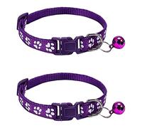 leasote 2Pcs Pet Collar - Adjustable Buckle Design Paw Pattern Cat Collar with Mini Bell for Female Girl Cats Male Boy Cats Puppy Purple